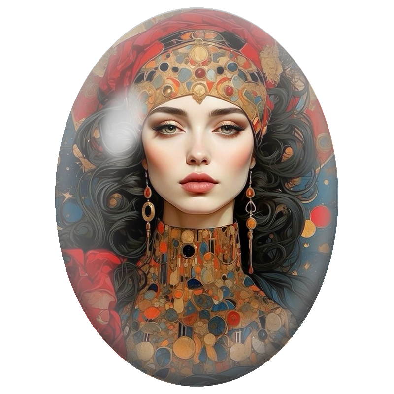 Cabochon en Verre Illustré Femme au Turban Rouge et Bijoux Anciens 13x18, 18x25 ou 30x40mm