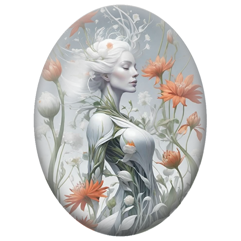 Cabochon en Verre Illustré Déesse Blanche aux Fleurs Orange 13x18, 18x25 ou 30x40mm