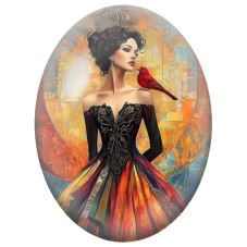 Cabochon en Verre Illustré Élégante à la Robe Noire et Oiseau Rouge pour la Création de Bijoux Fantaisie - DIY