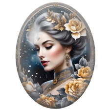 Cabochon en Verre Illustré Femme aux Cheveux Argentés et Roses Dorées pour la Création de Bijoux Fantaisie - DIY