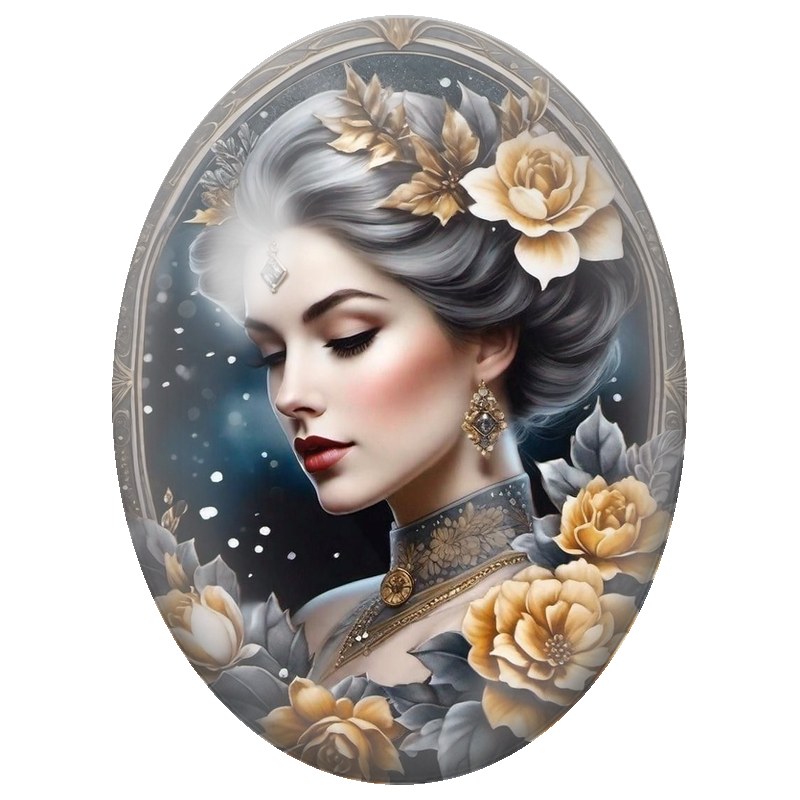 Cabochon en Verre Illustré Femme aux Cheveux Argentés et Roses Dorées 13x18, 18x25 ou 30x40mm