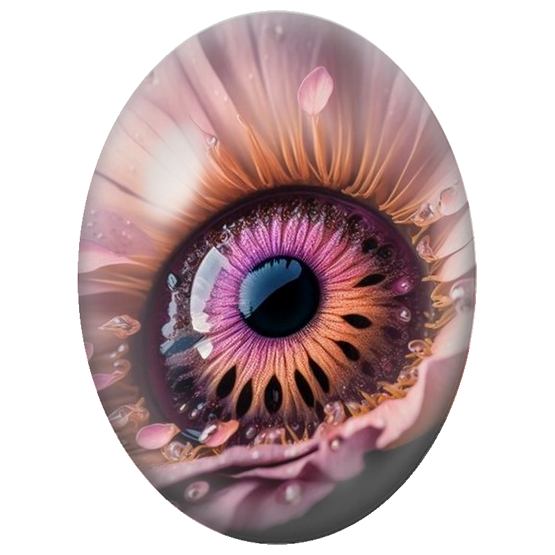 Cabochon en Verre Illustré Œil-Fleur Rose aux Gouttes de Rosée 13x18, 18x25 ou 30x40mm