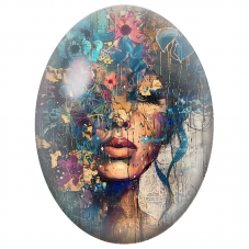 Cabochon en Verre Illustré Visage Abstrait aux Fleurs Bleues et Pourpres pour la Création de Bijoux Fantaisie - DIY