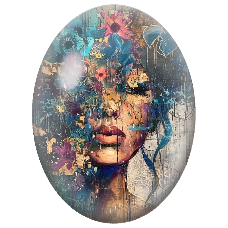 Cabochon en Verre Illustré Visage Abstrait aux Fleurs Bleues et Pourpres 13x18, 18x25 ou 30x40mm