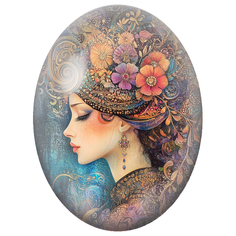 Cabochon en Verre Illustré Femme à la Coiffe Florale Baroque 13x18, 18x25 ou 30x40mm
