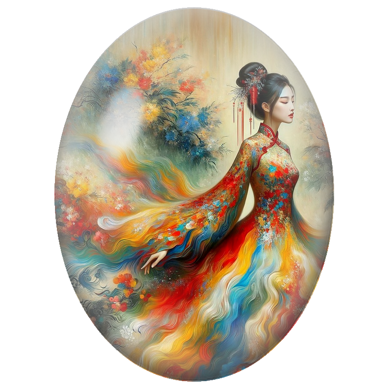 Cabochon en Verre Illustré Femme Asiatique à la Robe Multicolore 13x18, 18x25 ou 30x40mm