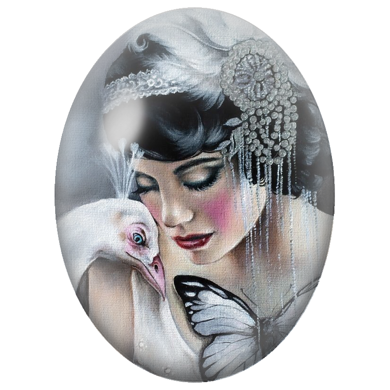 Cabochon en Verre Illustré Élégante Art Déco aux Oiseaux Blancs 13x18, 18x25 ou 30x40mm