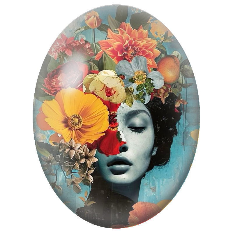 Cabochon en Verre Illustré Visage Féminin sous un Bouquet Coloré 13x18, 18x25 ou 30x40mm