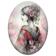 Cabochon en Verre Illustré Japonaise en Kimono Fleuri Rose pour la Création de Bijoux Fantaisie - DIY