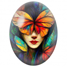 Cabochon en Verre Illustré Femme au Masque de Papillon Orange pour la Création de Bijoux Fantaisie - DIY