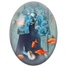 Cabochon en Verre Illustré Femme aux Poissons Rouges et Nautile pour la Création de Bijoux Fantaisie - DIY