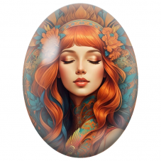 Cabochon en Verre Illustré Femme Rousse aux Fleurs Orange et Turquoise pour la Création de Bijoux Fantaisie - DIY
