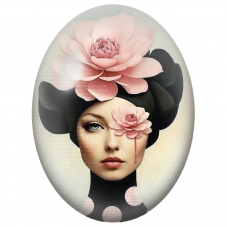 Cabochon en Verre Illustré Femme à la Coiffe Noire et Pivoines Roses pour la Création de Bijoux Fantaisie - DIY