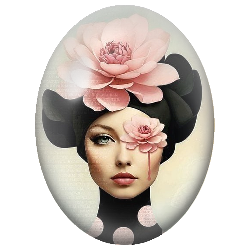 Cabochon en Verre Illustré Femme à la Coiffe Noire et Pivoines Roses 13x18, 18x25 ou 30x40mm