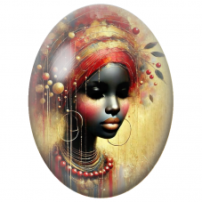 Cabochon en Verre Illustré Femme Noire au Turban Rouge et Or pour la Création de Bijoux Fantaisie - DIY