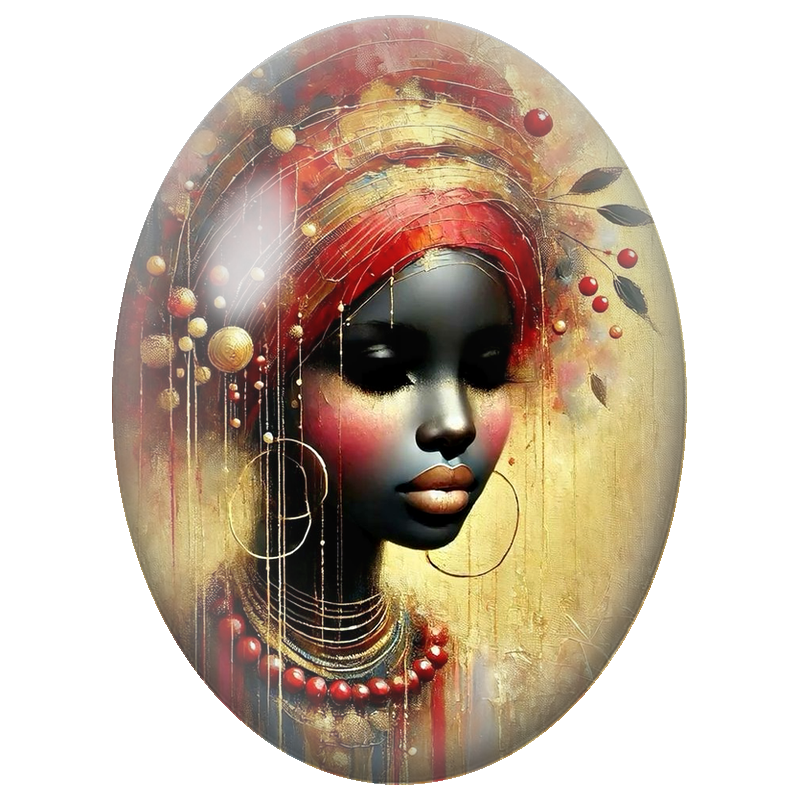 Cabochon en Verre Illustré Femme Noire au Turban Rouge et Or 13x18, 18x25 ou 30x40mm