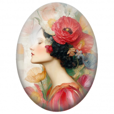 Cabochon en Verre Illustré Femme aux Coquelicots Rouges et Poudrés pour la Création de Bijoux Fantaisie - DIY