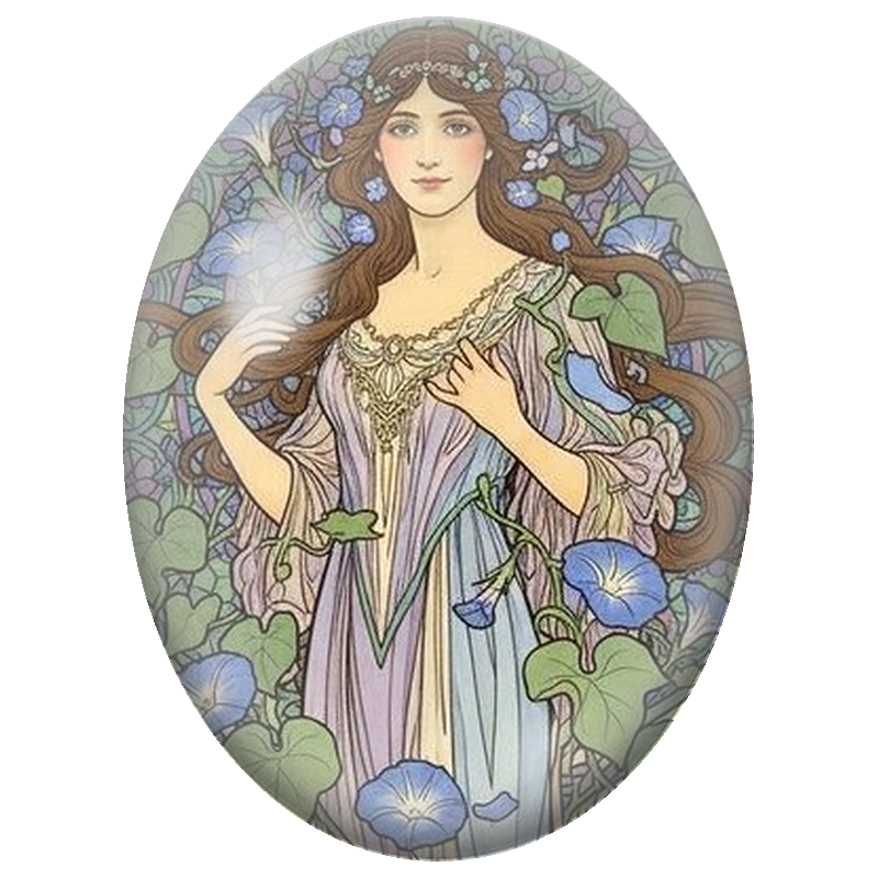Cabochon en Verre Illustré Femme Art Nouveau aux Fleurs Bleues 13x18, 18x25 ou 30x40mm