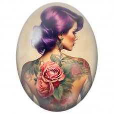 Cabochon en Verre Illustré Femme Tatouée aux Cheveux Violets pour la Création de Bijoux Fantaisie - DIY