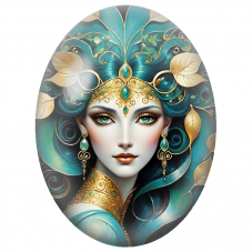 Cabochon en Verre Illustré Reine Émeraude aux Feuilles Dorées pour la Création de Bijoux Fantaisie - DIY