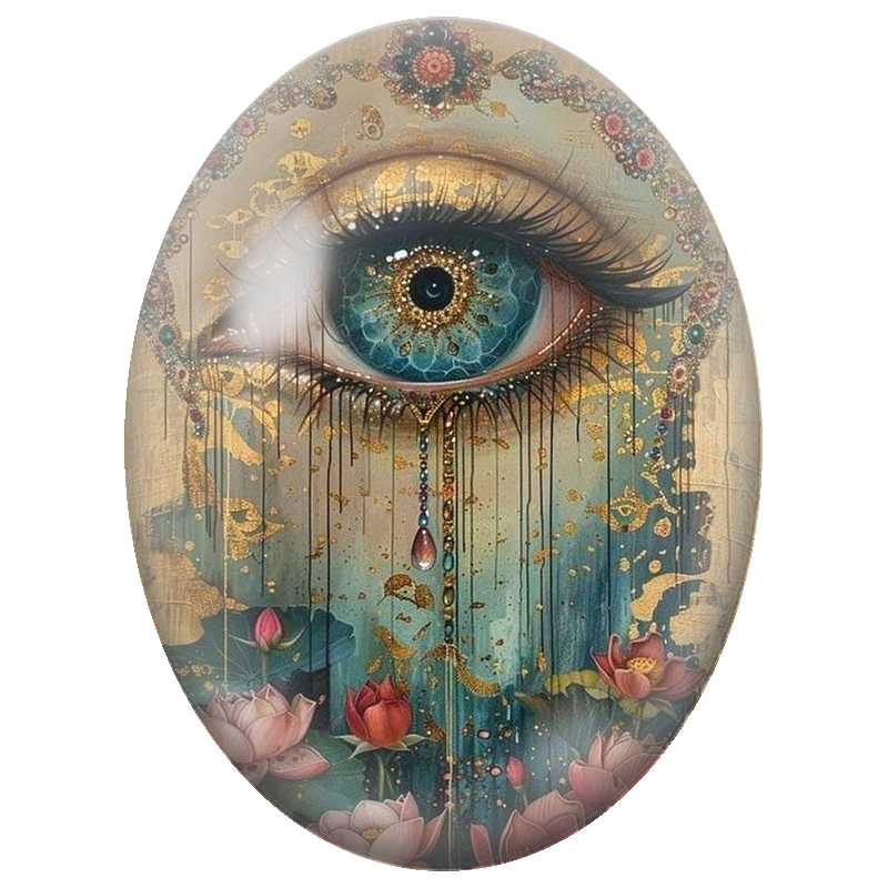 Cabochon en Verre Illustré Œil Bleu aux Lotus Roses et Joyaux 13x18, 18x25 ou 30x40mm