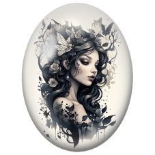 Cabochon en Verre Illustré Femme en Noir et Blanc aux Papillons pour la Création de Bijoux Fantaisie - DIY