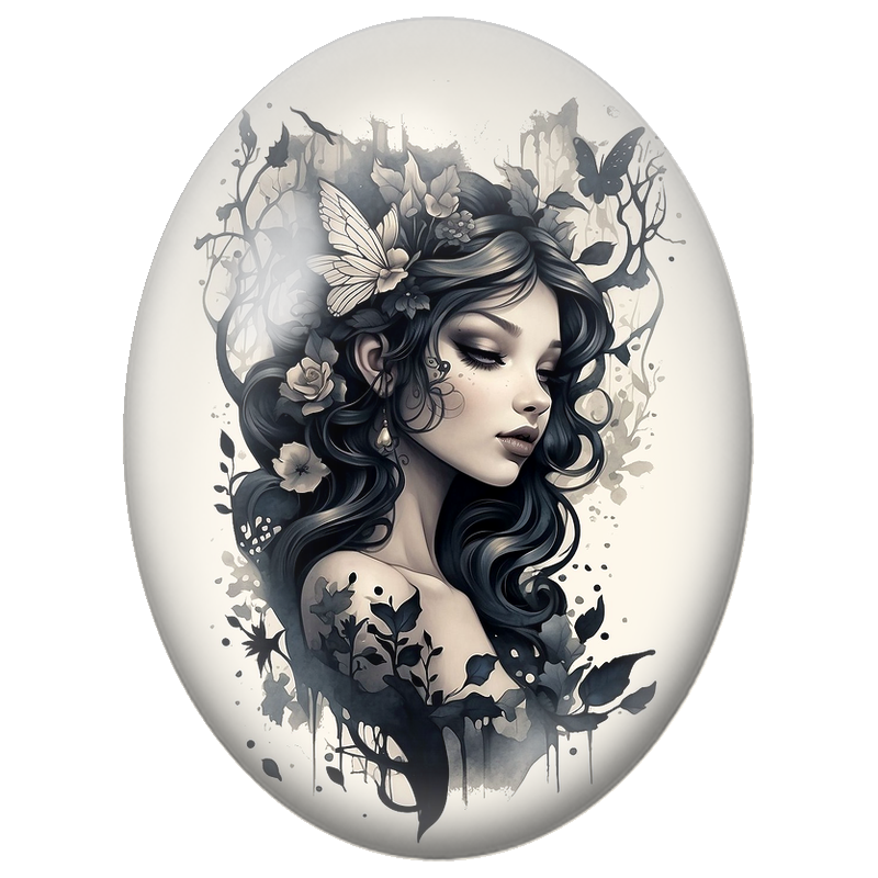 Cabochon en Verre Illustré Femme en Noir et Blanc aux Papillons 13x18, 18x25 ou 30x40mm
