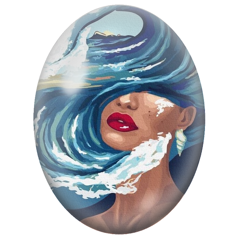 Cabochon en Verre Illustré Femme aux Vagues dans les Cheveux 13x18, 18x25 ou 30x40mm