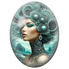 Cabochon en Verre Illustré Femme à la Coiffe de Dentelle Turquoise pour la Création de Bijoux Fantaisie - DIY