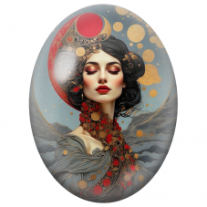 Cabochon en Verre Illustré Femme à la Lune Rouge et Or pour la Création de Bijoux Fantaisie - DIY