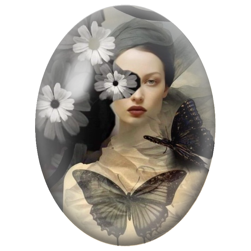 Cabochon en Verre Illustré Femme aux Papillons Noirs et Marguerites 13x18, 18x25 ou 30x40mm