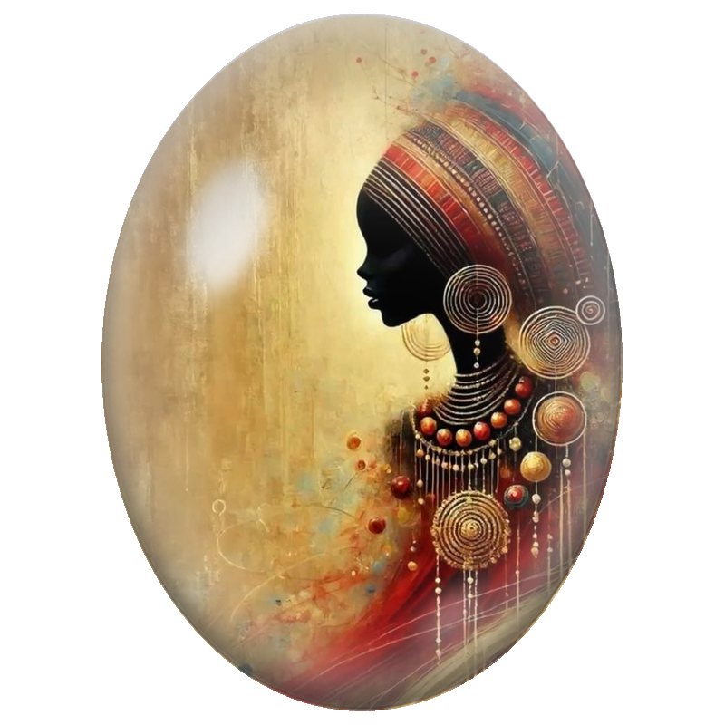 Cabochon en Verre Illustré Femme Africaine au Turban Rouge et Bijoux Spirales 13x18, 18x25 ou 30x40mm