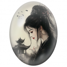 Cabochon en Verre Illustré Femme Asiatique en Noir devant une Pagode pour la Création de Bijoux Fantaisie - DIY