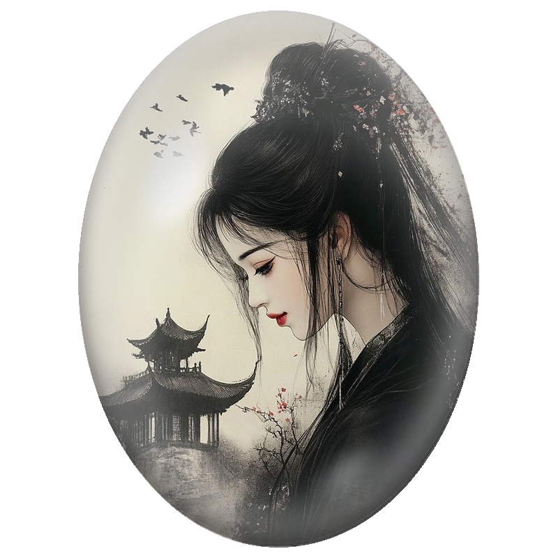 Cabochon en Verre Illustré Femme Asiatique en Noir devant une Pagode 13x18, 18x25 ou 30x40mm