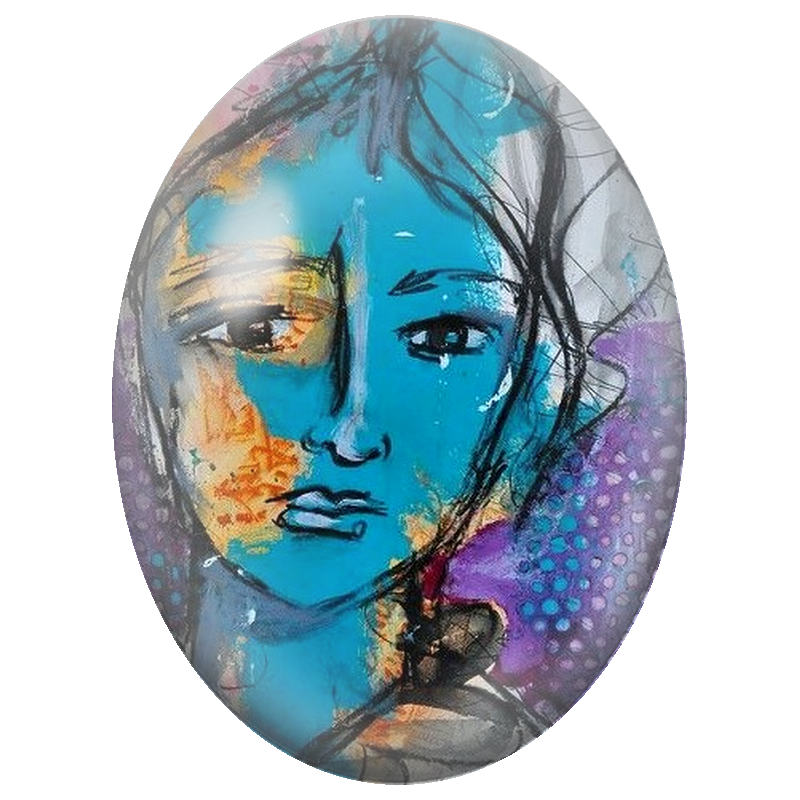 Cabochon en Verre Illustré Visage Abstrait Bleu et Violet 13x18, 18x25 ou 30x40mm