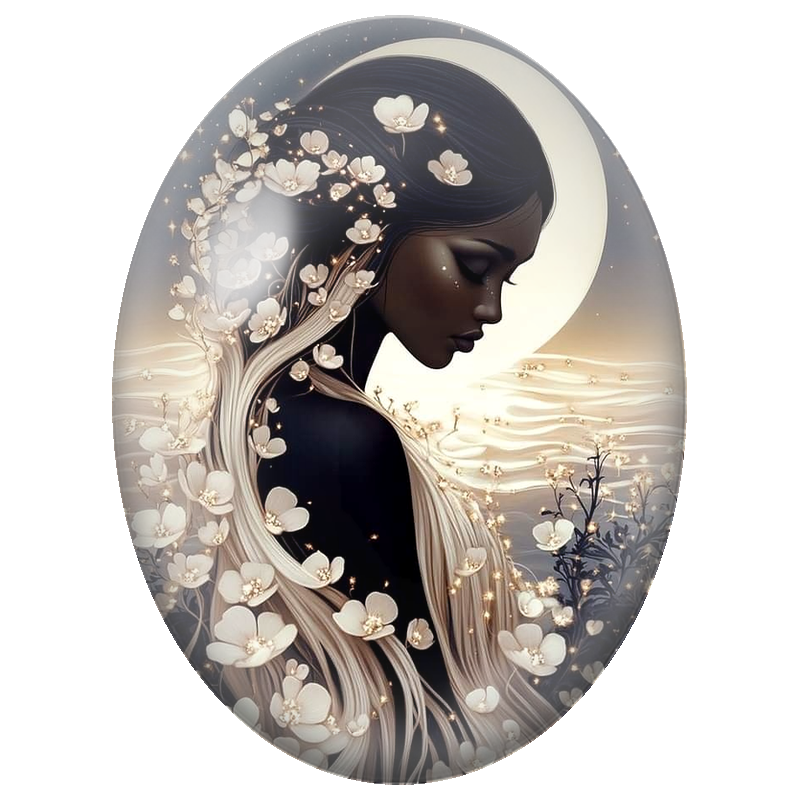 Cabochon en Verre Illustré Femme Lunaire aux Fleurs Blanches 13x18, 18x25 ou 30x40mm