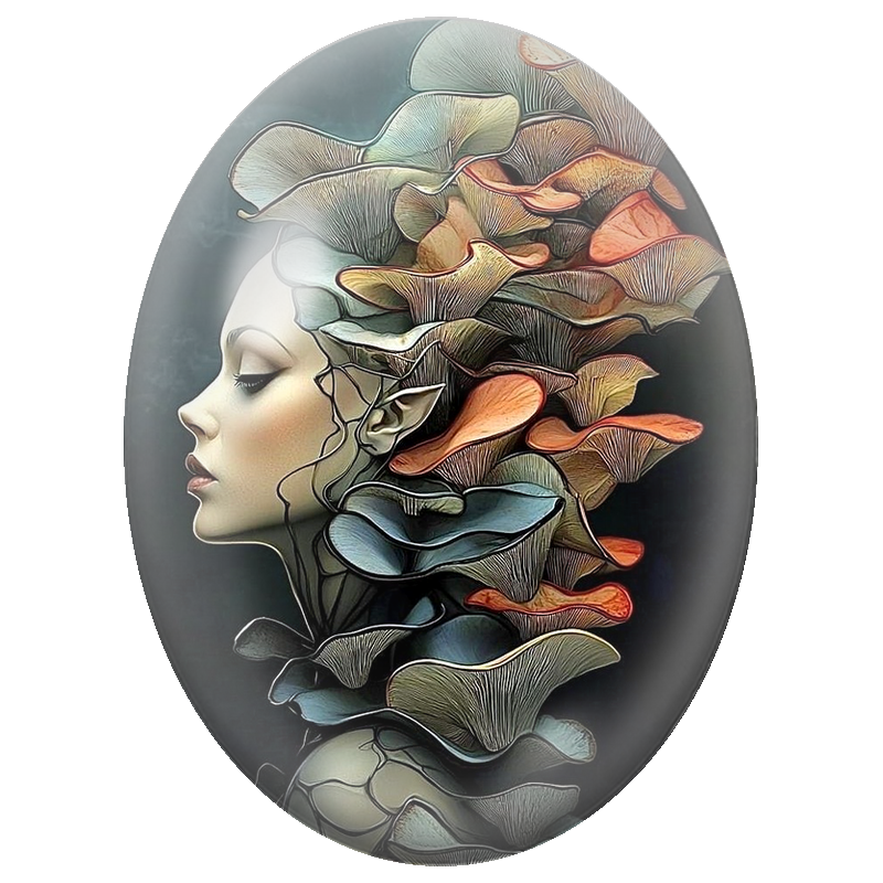 Cabochon en Verre Illustré Elfe à la Chevelure de Champignons 13x18, 18x25 ou 30x40mm