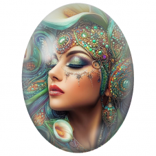 Cabochon en Verre Illustré Femme aux Joyaux Verts et Arums Blancs pour la Création de Bijoux Fantaisie - DIY