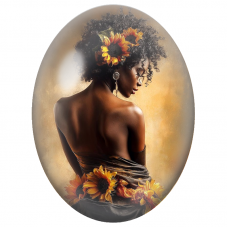 Cabochon en Verre Illustré Femme Noire aux Tournesols pour la Création de Bijoux Fantaisie - DIY
