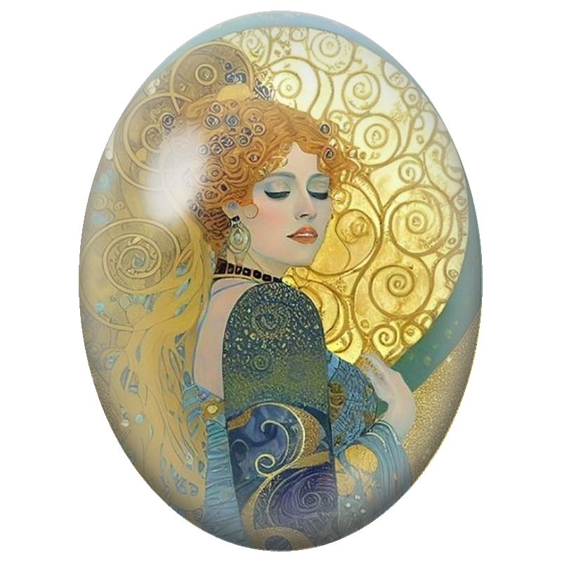 Cabochon en Verre Illustré Femme Art Nouveau aux Spirales Dorées 13x18, 18x25 ou 30x40mm