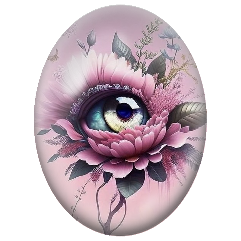 Cabochon en Verre Illustré Œil Fleuri Rose sur Fond Poudré 13x18, 18x25 ou 30x40mm