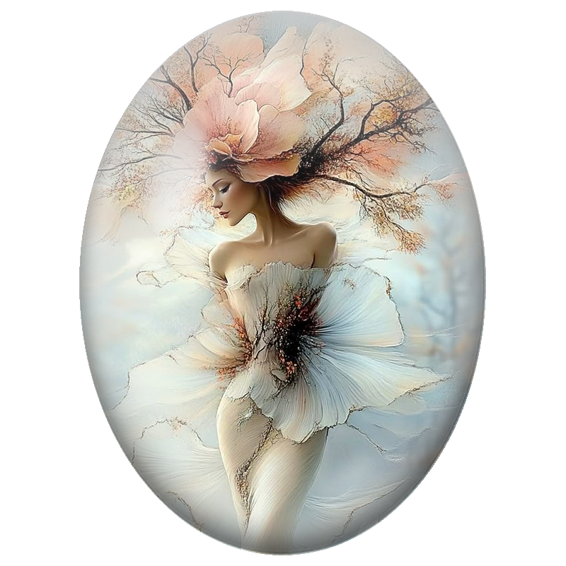 Cabochon en Verre Illustré Femme-Fleur Blanche sous une Pivoine Rose 13x18, 18x25 ou 30x40mm