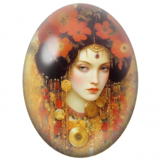 Cabochon en Verre Illustré Femme aux Fleurs Orange et Parures Dorées pour la Création de Bijoux Fantaisie - DIY