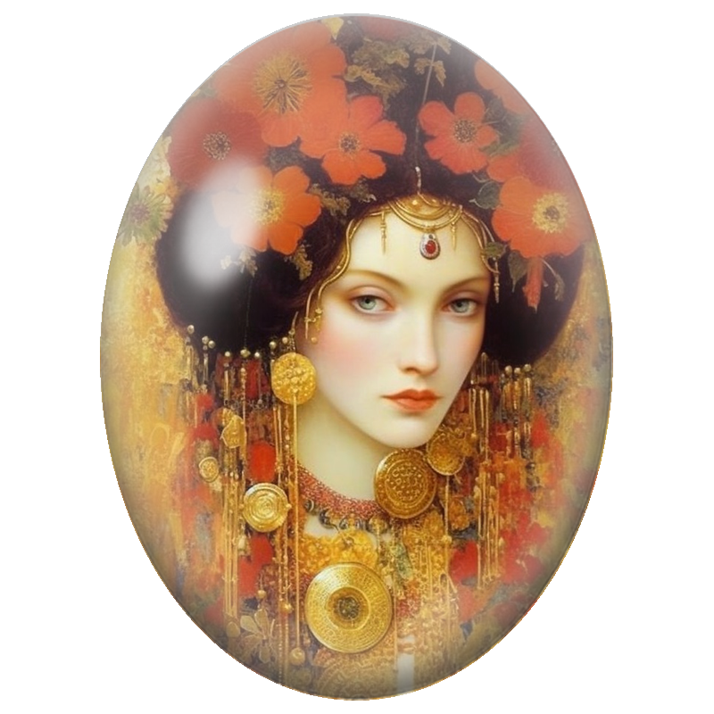 Cabochon en Verre Illustré Femme aux Fleurs Orange et Parures Dorées 13x18, 18x25 ou 30x40mm