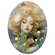 Cabochon en Verre Illustré Femme Blonde aux Volutes Turquoise et Or pour la Création de Bijoux Fantaisie - DIY