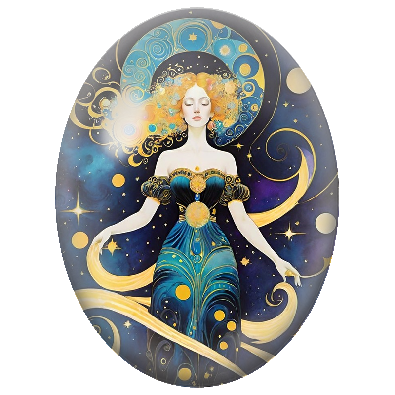 Cabochon en Verre Illustré Déesse Cosmique à la Robe Bleue 13x18, 18x25 ou 30x40mm