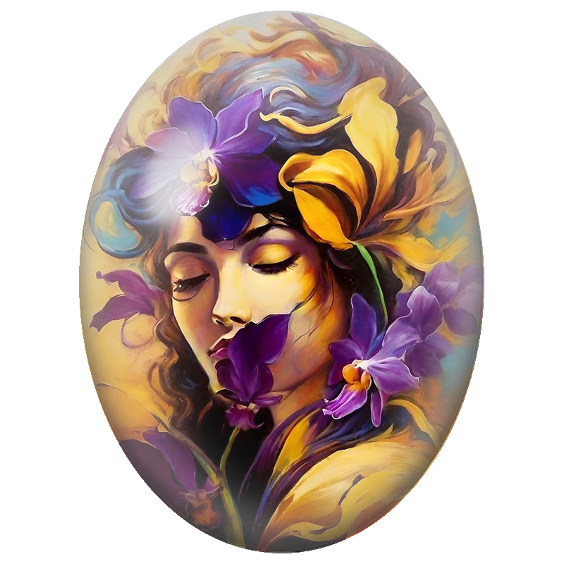 Cabochon en Verre Illustré Femme aux Orchidées Violettes et Arums Jaunes 13x18, 18x25 ou 30x40mm