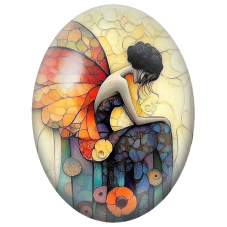 Cabochon en Verre Illustré Fée Assise aux Ailes Orange pour la Création de Bijoux Fantaisie - DIY