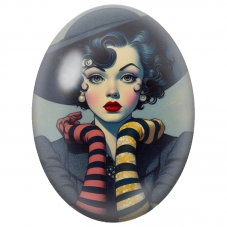 Cabochon en Verre Illustré Élégante Rétro au Chapeau Noir et Gants Rayés pour la Création de Bijoux Fantaisie - DIY