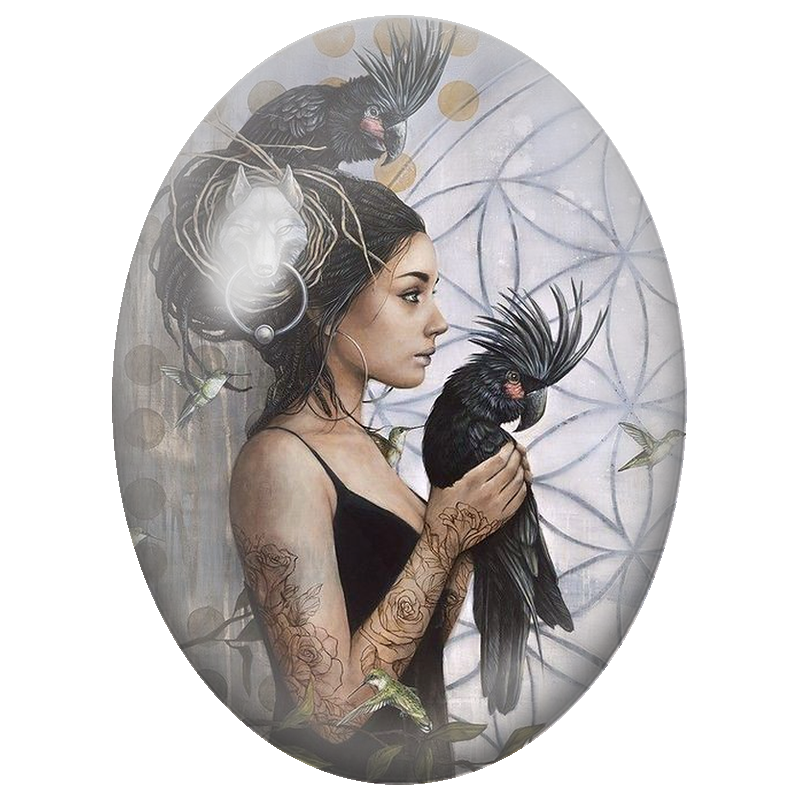Cabochon en Verre Illustré Femme Tatouée aux Cacatoès Noirs 13x18, 18x25 ou 30x40mm